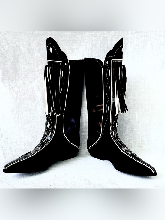 Charles Jourdan Shoes - Rare Vintage 80s Charles Jourdan Black Patent & Suede Fringe Western CowboyBoots